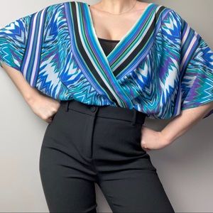 Bebe 2000s 100% Silk Striped Zig Zag Chevron Asymmetrical Bodysuit Blouse